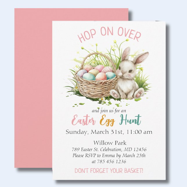 Aquarellbär Bunny + Basket|Ostereier Jagd Rosa Einladung (Celebrate Easter in style with this modern, colorful invitation perfect for your gathering. )