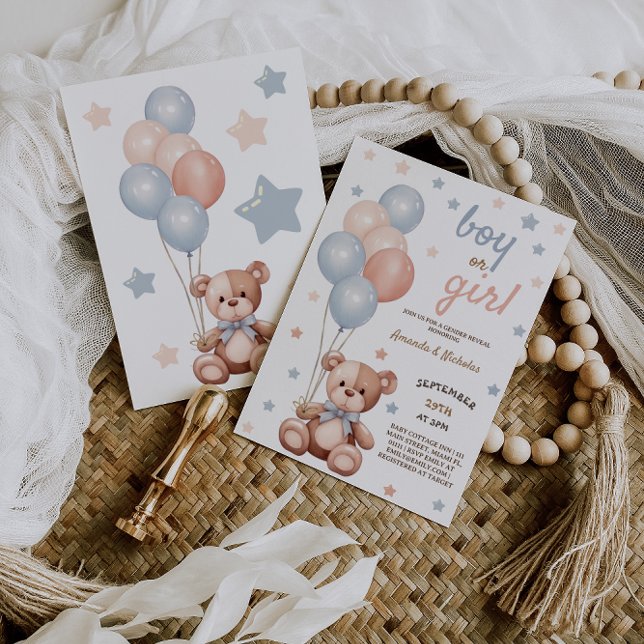 Aquarellbär Pink Blue Balloons Gender Reveal Einladung (Von Creator hochgeladen)