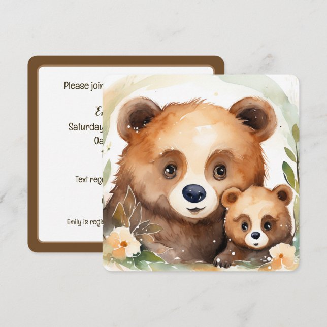 Aquarellbär und Baby Einladung (Vorne/Hinten)