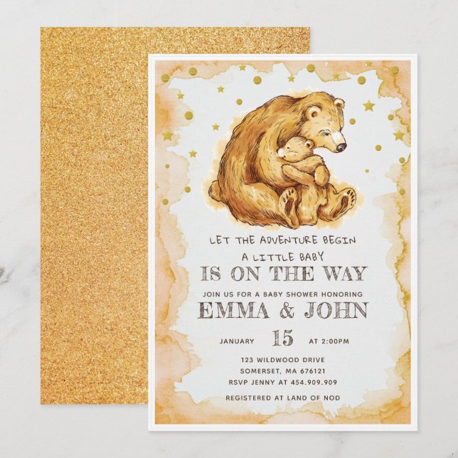 Aquarellbären-Glitzer Kinderdusche Einladung (Vorne/Hinten)