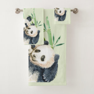 Aquarellbären Panda Bears Mama & Baby in Bamboo Badhandtuch Set