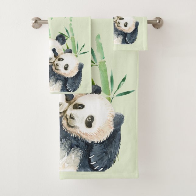 Aquarellbären Panda Bears Mama & Baby in Bamboo Badhandtuch Set (Insitu)