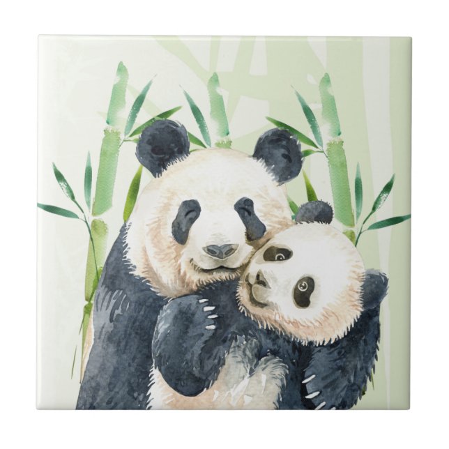 Aquarellbären Panda Bears Mama & Baby in Bamboo Fliese (Vorderseite)