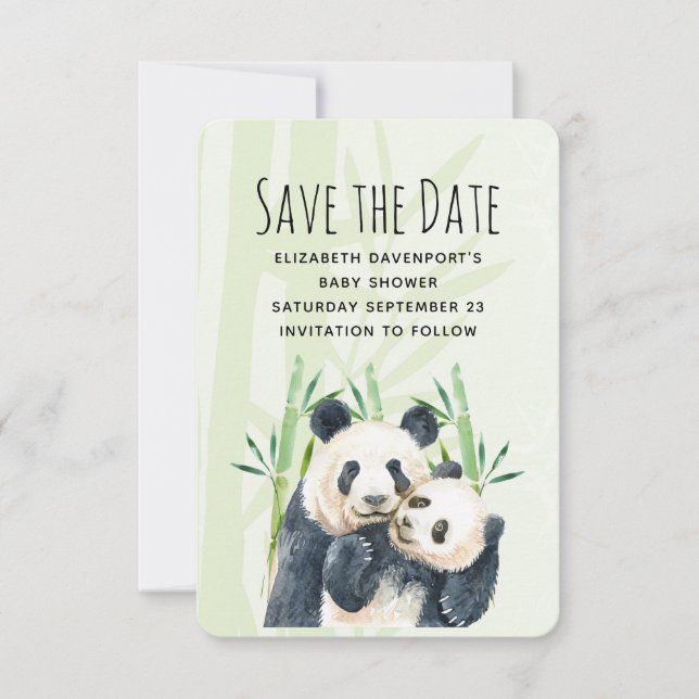 Aquarellbären Panda Bears Mama & Baby in Bamboo Save The Date (Vorderseite)