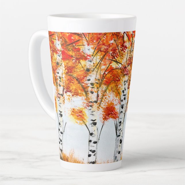 Aquarellbärten fallen Herbst Orangen-Blätter Milchtasse (Linke Ecke)