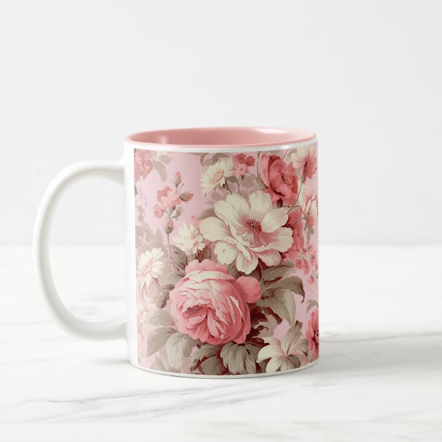 Aquarellbauernhof Pink Roses & White Cosmos Zweifarbige Tasse (Links)