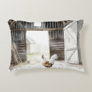 Aquarellbauernhofrooster in einer Scheune Dekokissen