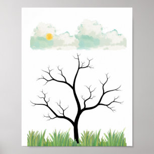 Aquarellbaum mit Wolken und Sonne, Natur Poster