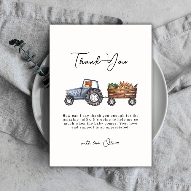 Aquarellbaum Teddy Bear Babydusche Dankeskarte (Watercolor Farm Tractor Teddy Bear Baby Shower Thank You Card)