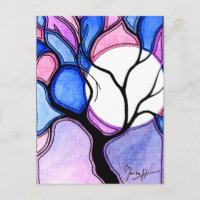 Aquarellbaum und Mond - Blau und Rosa