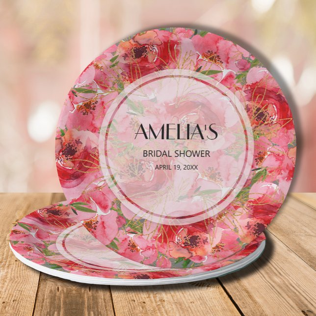 Aquarellbäume Blumenbäume Brautparty Pappteller (Watercolor pink peony flowers and leaves bridal shower paper plates)