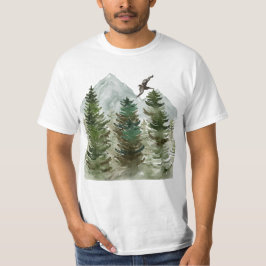 Aquarellbäume mit Bergen und einem Vogel. T-Shirt