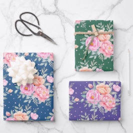 Aquarellbäume Rose Pink Peach Blumenstrauß Geschenkpapier Set