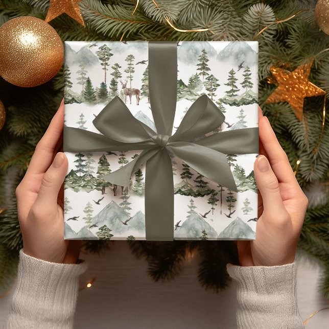 Aquarellbäume und Grüne Hirsche Geschenkpapier (Von Creator hochgeladen)