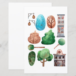 Aquarellbäume zum Ausschneiden und Kollagen von Ge