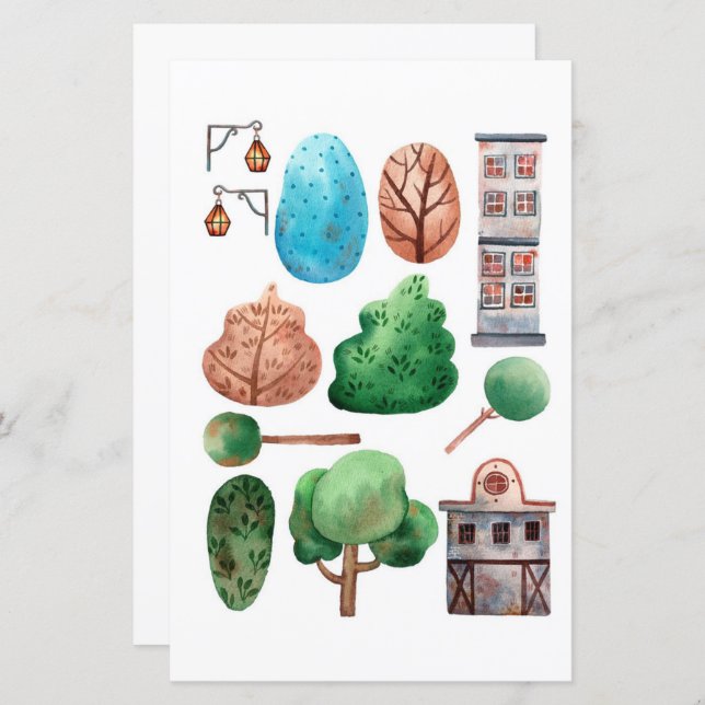 Aquarellbäume zum Ausschneiden und Kollagen von Ge (Vorne/Hinten)