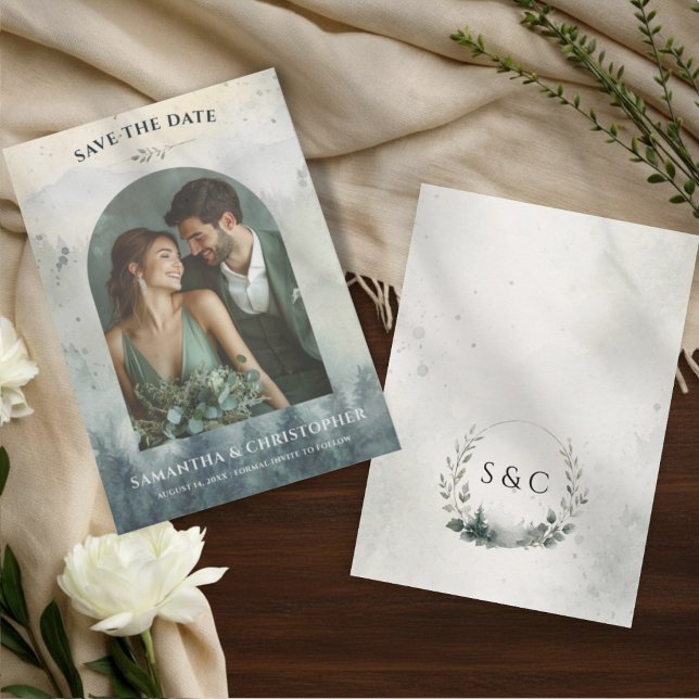 Aquarellberge & Kiefern Hochzeit Save The Date (Von Creator hochgeladen)