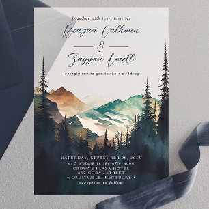 Aquarellberge Kiefernwald Schrift Hochzeit