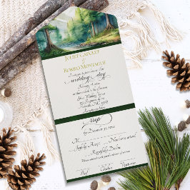 Aquarellberge und Smaragd-Schärpe Hochzeit All In One Einladung