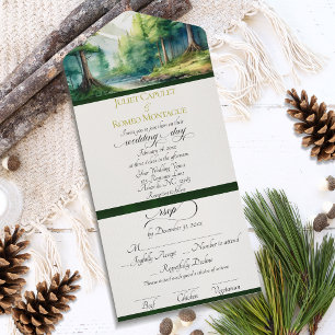 Aquarellberge und Smaragd-Schärpe Hochzeit All In One Einladung