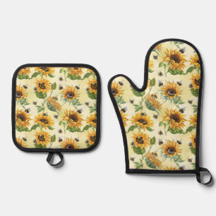 Aquarellbienen und Sonnenblumen Gelb Ofenhandschuh & Topflappen-Set