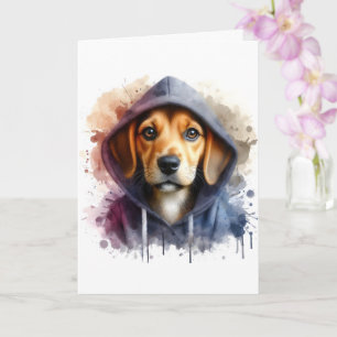 Aquarellbild Brauner Hund in einem Hoodie Spritzer Karte