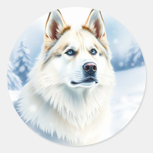 Aquarellbild des sibirischen Husky in Snowy Runder Aufkleber