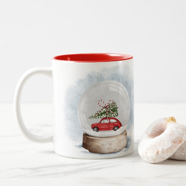 Aquarellbild einer Weihnachtsschneekugel Zweifarbige Tasse (Mit Donut)