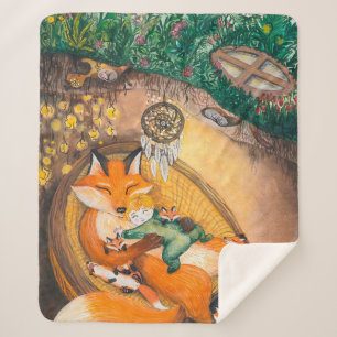 Aquarellbild eines Burrow Papa Fuchs auf einem c Sherpadecke