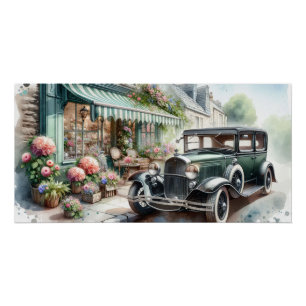 Aquarellbild eines Oldtimers und charmanten Blumen Poster