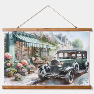 Aquarellbild eines Oldtimers und charmanten Blumen Wandteppich Mit Holzrahmen