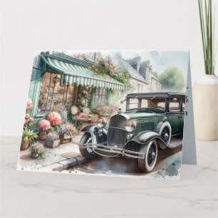 Aquarellbild eines Oldtimers und eines charmanten Karte