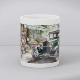 Aquarellbild eines Oldtimers und eines charmanten  Tasse