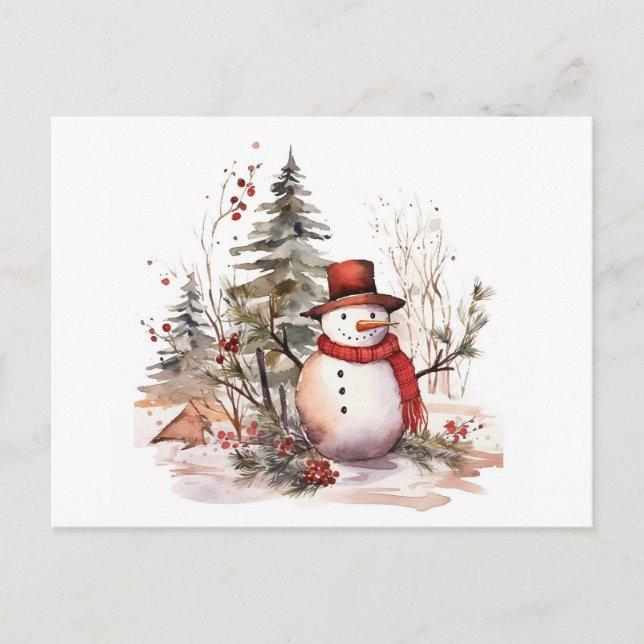 Aquarellbild eines Schneemanns in einem Hut und Postkarte (Vorderseite)