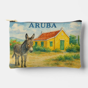 Aquarellbild Esel und Cunucu-Haus in Aruba Zubehörtasche
