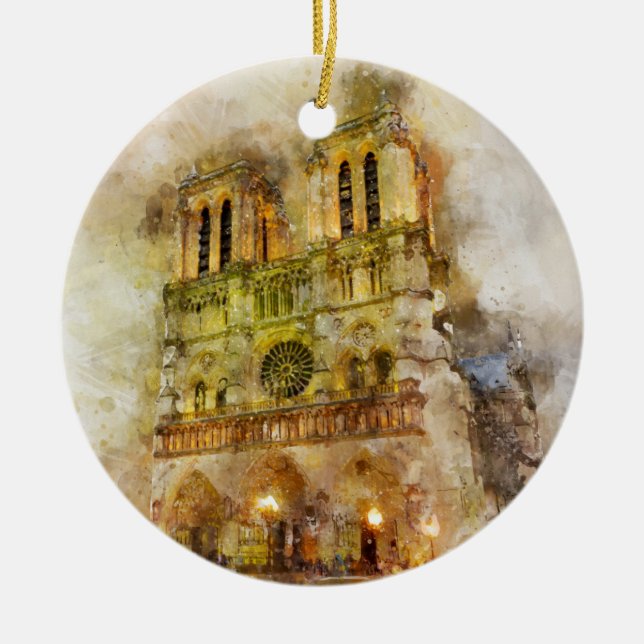 Aquarellbild Notre Dame Kathedrale Paris Keramik Ornament (Vorne)
