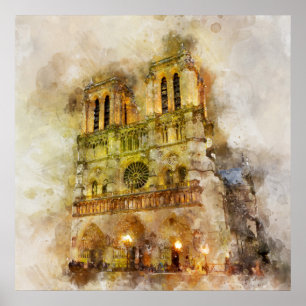 Aquarellbild Notre Dame Kathedrale Paris Poster
