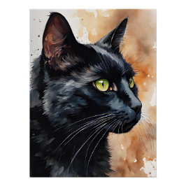 Aquarellbild Pose Schwarz Katzengrün Augen Poster