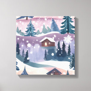 Aquarellbild Schneebedeckte Berghütte Leinwanddruck