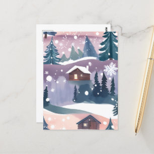 Aquarellbild Schneebedeckte Berghütte Postkarte