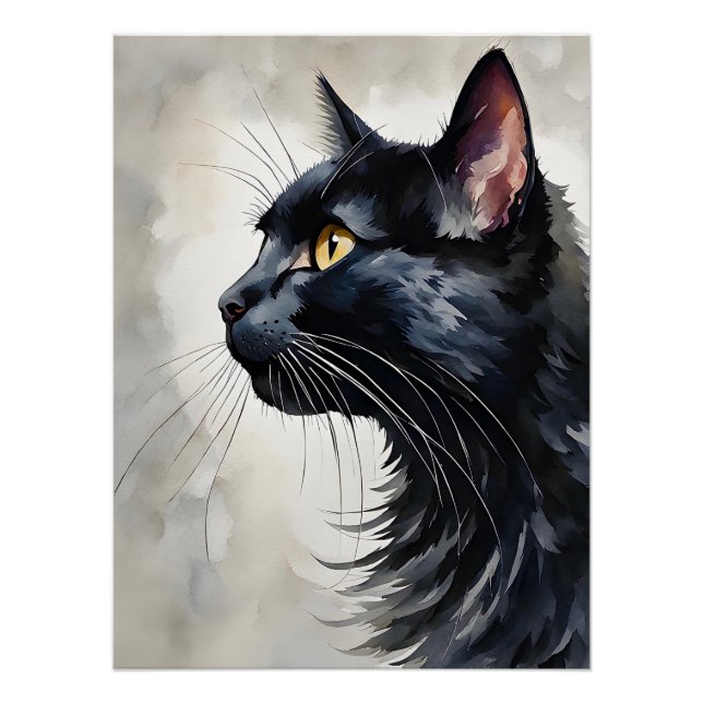 Aquarellbild Schwarze Katze Profil Pose Poster (Vorderseite)