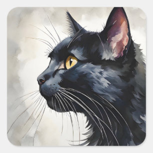Aquarellbild Schwarze Katze Profil Pose Quadratischer Aufkleber