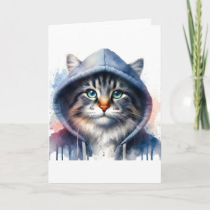 Aquarellbild Tabby-Katze in einem Hoodie Spritzer Karte