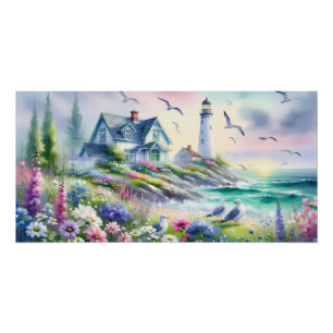 Aquarellbild von einem Cottage und Leuchtturm am M Poster
