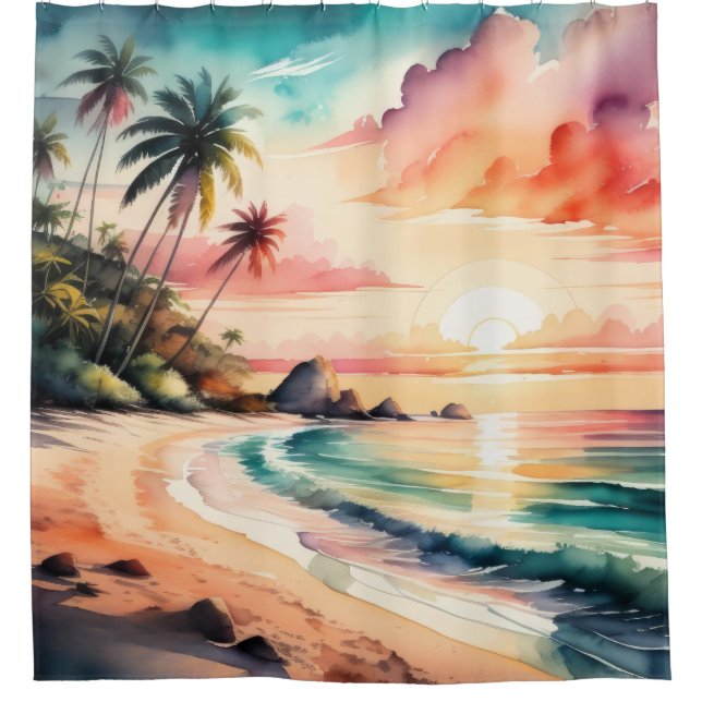 Aquarellbilder des Sonnenuntergangs des tropischen Duschvorhang (Vorderseite)