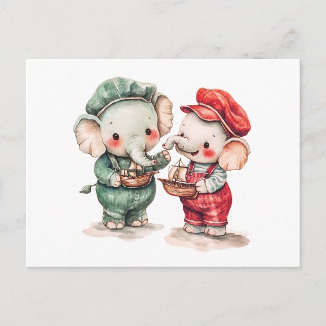 Aquarellbilder für zwei Elefanten mit Schiff Postkarte (Vorderseite)