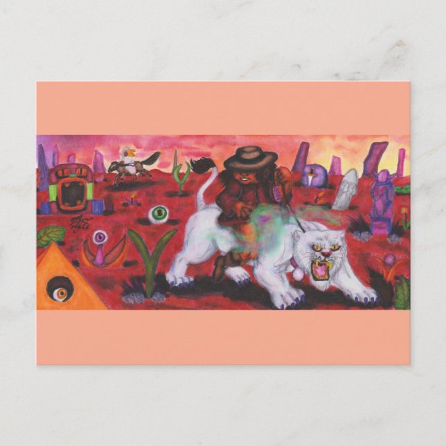 Aquarellbilder Junge reitet weiße Lioness Feiertagspostkarte (Vorderseite)