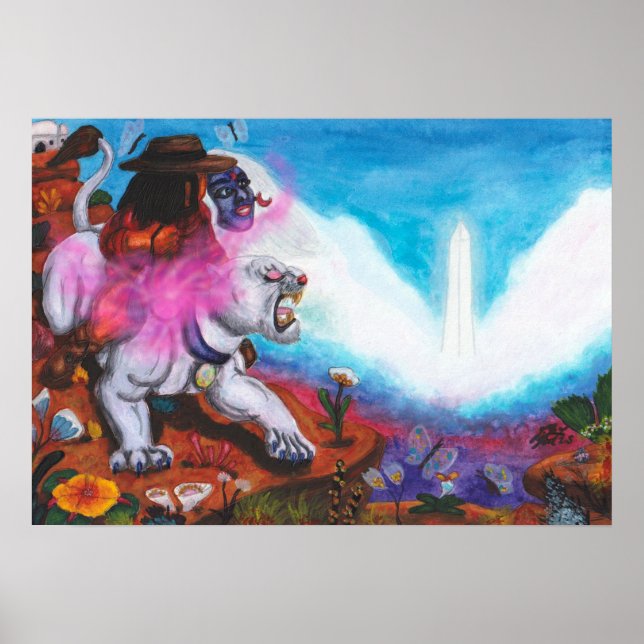 Aquarellbilder Junge reitet weiße Lioness Poster (Vorne)