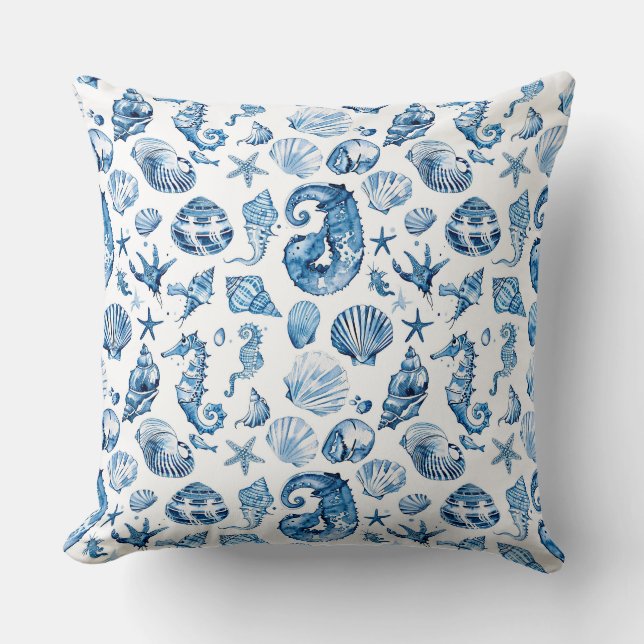 Aquarellbilder mit detaillierten blauen Muscheln v Kissen (Vorderseite)