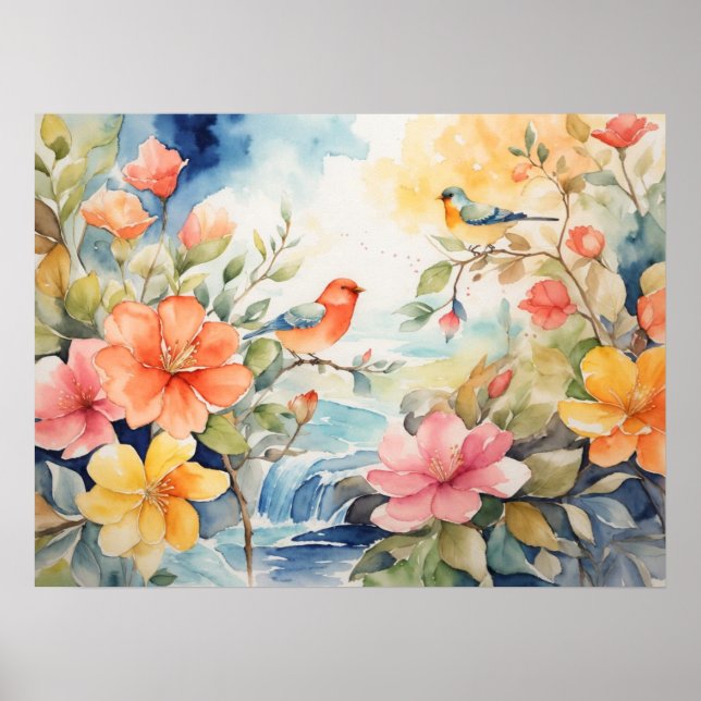 Aquarellbilder mit Vögeln und Blume Poster (Vorne)